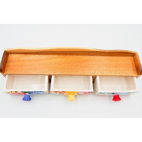 The Pioneer Woman Spice Rack Wood Shelf Ceramic 3-Drawers Bin Floral Melody - Picture 3 of 11